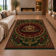 Vintage Fire Helmet Medallion rug in a living room with a fireplace