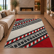 Fire Ladder Stripe rug in a living room with a fireplace