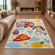 Cute Fire Truck and Dalmatian rug in a living room with a fireplace