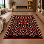 Maltese Cross Lattice rug in a living room with a fireplace