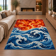 Fire and Water Waves rug in a living room with a fireplace