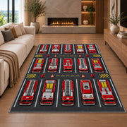 Fire Truck Parking Lot rug in a living room with a fireplace