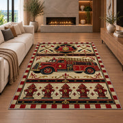 Vintage Fire Truck rug in a living room with a fireplace
