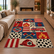 Firefighter Patchwork rug in a living room with a fireplace