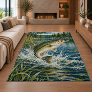 Leaping bass lake rug in a living room with a fireplace