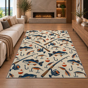 Fishing gear pattern rug in a living room with a fireplace