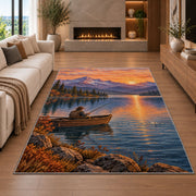 Sunrise fishing boat rug in a living room with a fireplace