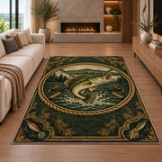 Vintage bass badge rug in a living room with a fireplace