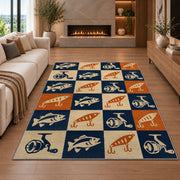 Retro fishing checkered rug in a living room with a fireplace