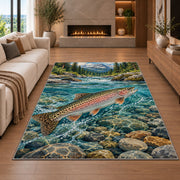 Rainbow trout stream rug in a living room with a fireplace
