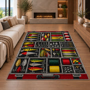 Tackle box rug in a living room with a fireplace