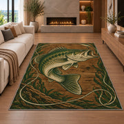 Woodcut bass rug in a living room with a fireplace