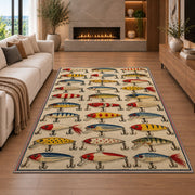 Vintage lure collection rug in a living room with a fireplace