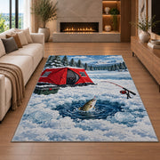 Ice fishing rug in a living room with a fireplace