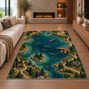 Fishing lake map rug in a living room with a fireplace