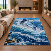 Deep sea marlin rug in a living room with a fireplace