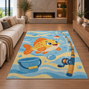 Cartoon fish kids rug in a living room with a fireplace