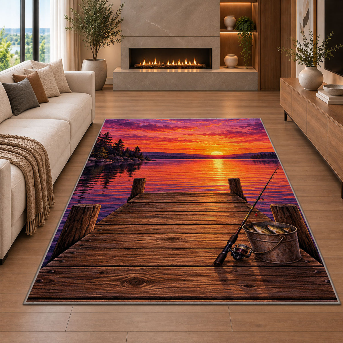 Dock sunset fishing rug in a living room with a fireplace