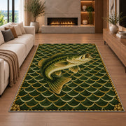 Bass on fish scales rug in a living room with a fireplace