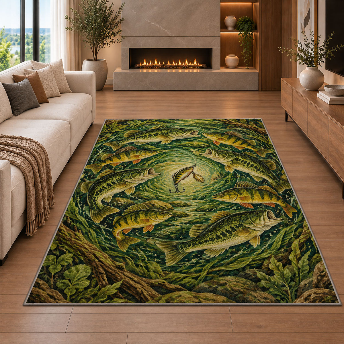 Circle of fish rug in a living room with a fireplace