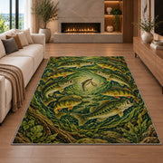 Circle of fish rug in a living room with a fireplace