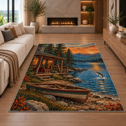 Lakeside fishing cabin rug in a living room with a fireplace
