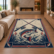 Crossed rods fish emblem rug in a living room with a fireplace