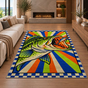 Pop art bass rug in a living room with a fireplace