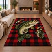 Buffalo plaid bass rug in a living room with a fireplace