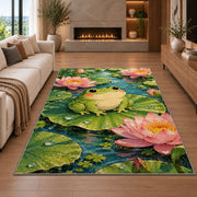 frog on a lily pad rug in a living room with a fireplace