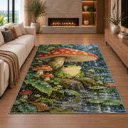 frog under a mushroom umbrella in the rain rug in a living room with a fireplace