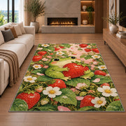 frog hugging a strawberry rug in a living room with a fireplace
