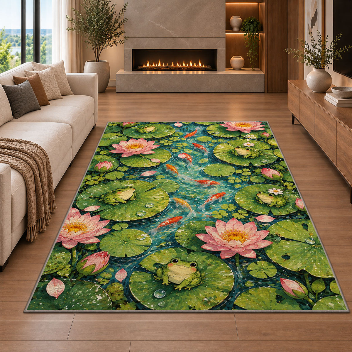 lily pond top view with frogs rug in a living room with a fireplace