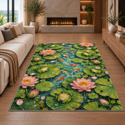 lily pond top view with frogs rug in a living room with a fireplace