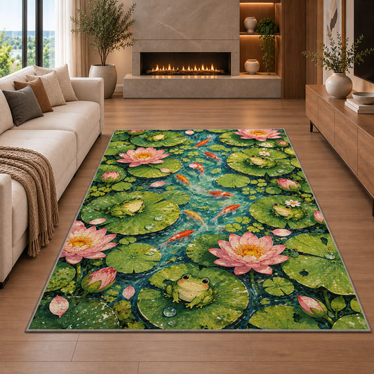 lily pond top view with frogs rug in a living room with a fireplace