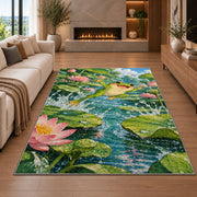 frog leaping between lily pads rug in a living room with a fireplace