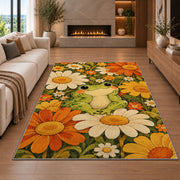 retro frog with daisies rug in a living room with a fireplace