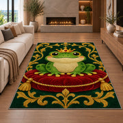 frog prince wearing a crown rug in a living room with a fireplace