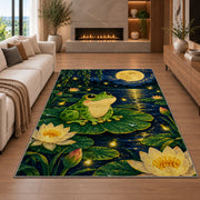 frog under the full moon rug in a living room with a fireplace