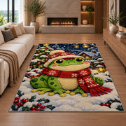 frog in a winter scarf and hat rug in a living room with a fireplace