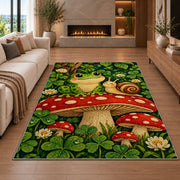 frog and snail on a mushroom rug in a living room with a fireplace