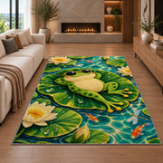 frog in sunglasses on a lily pad rug in a living room with a fireplace