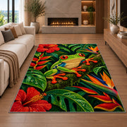 red-eyed tree frog in the rainforest rug in a living room with a fireplace