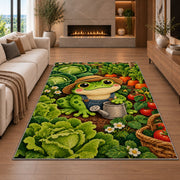 frog in a vegetable garden rug in a living room with a fireplace