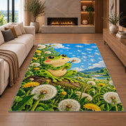 frog blowing a dandelion rug in a living room with a fireplace