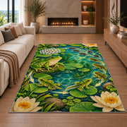 frog life cycle around a pond rug in a living room with a fireplace