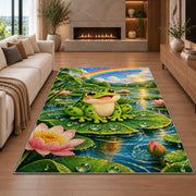 happy frog under a rainbow rug in a living room with a fireplace