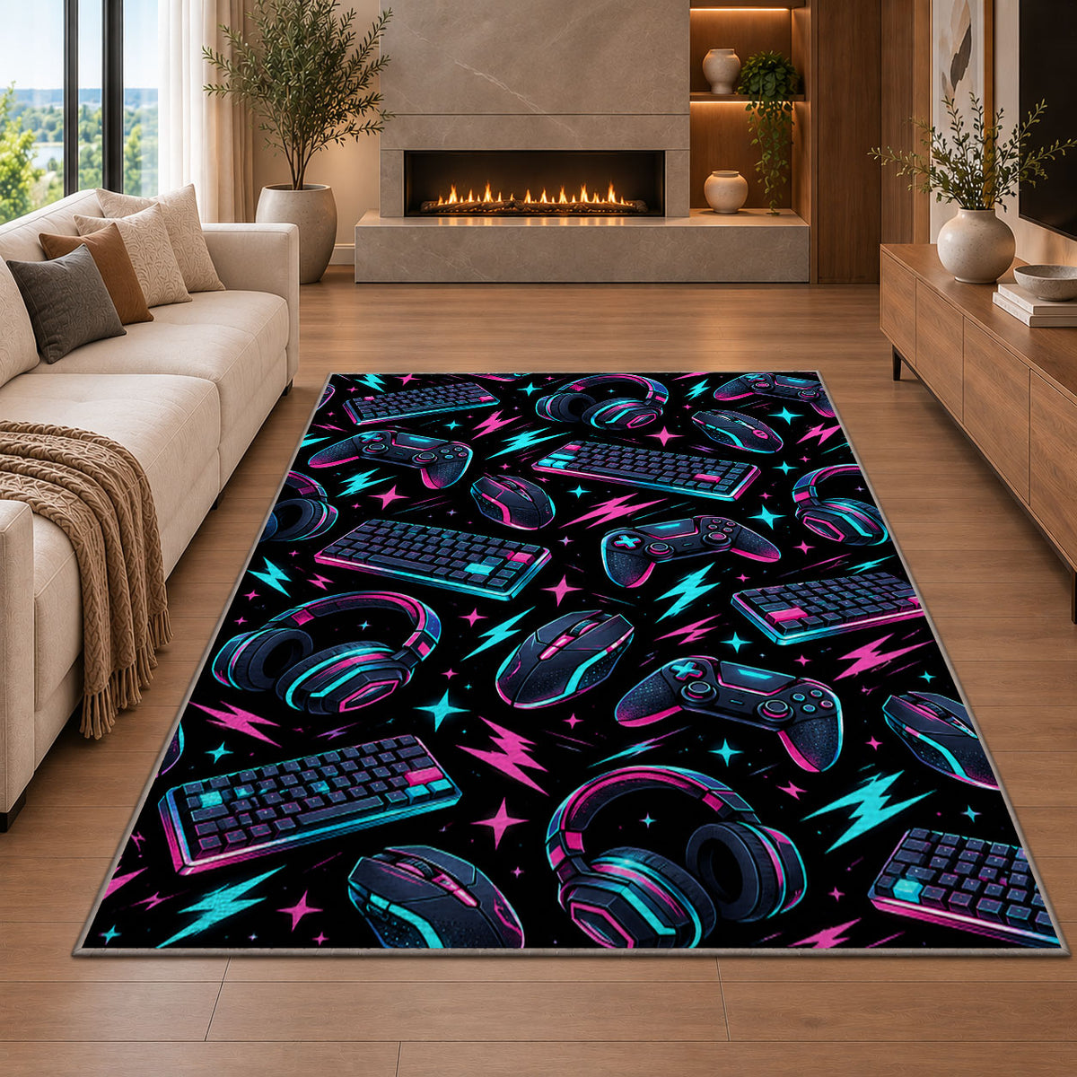 Gaming Gear Pattern rug in a living room with a fireplace