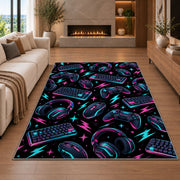 Gaming Gear Pattern rug in a living room with a fireplace