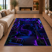 Gamer Battle Station rug in a living room with a fireplace